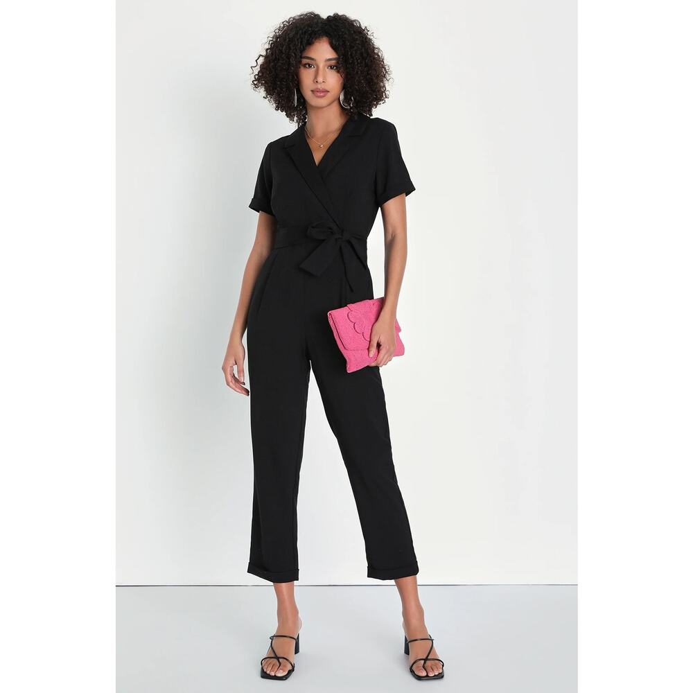 NWOT Lulus Sensible Sensation Black Tie-Front Short Sleeve Jumpsuit XS